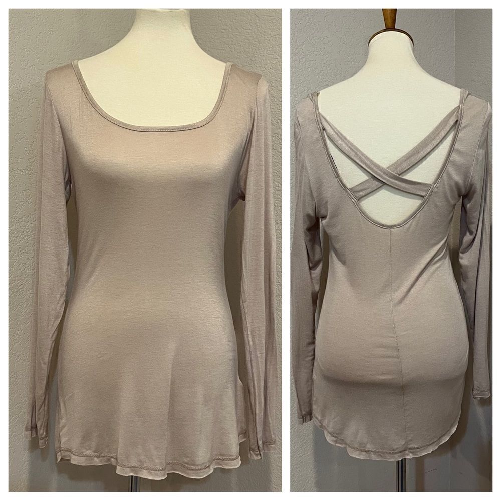 easel Long Sleeve Tissue T-shirt Open Crisscross Back Tan Size L